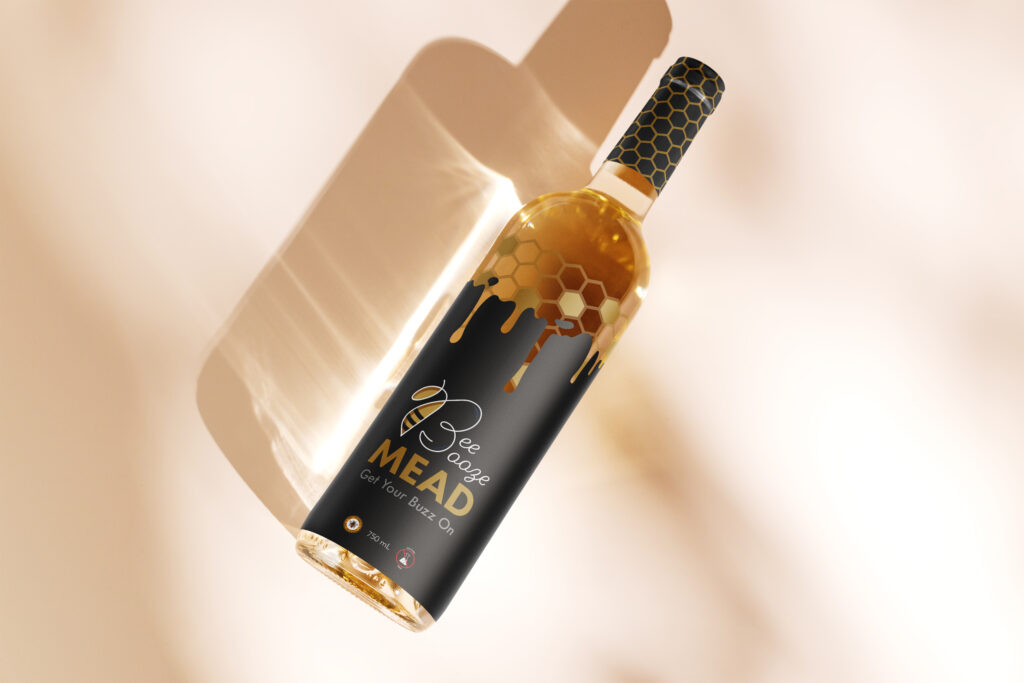 Mockup of a bottle of mead for fictitious company "Bee Booze."