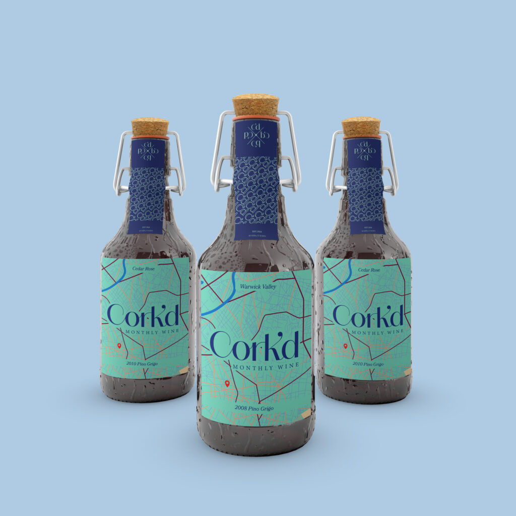 Mockup of three identical bottles for fictitious company "Cork'd."