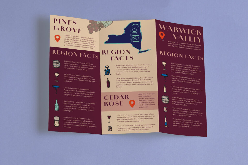 Mockup of a travel brochure for fictitious wine company "Cork'd."
