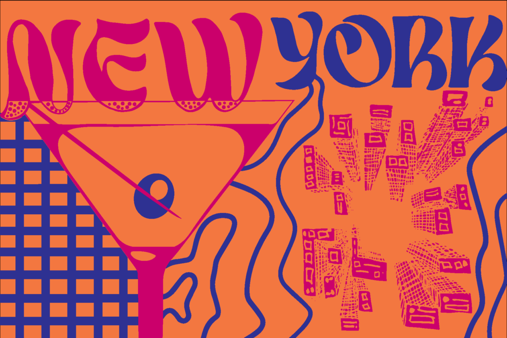 Digital illustration that says "New York" along the top. A beverage glass with an olive in it is on the left, while what appears to be an abstract interpretation of an aerial view of skyscrapers is to the right.
