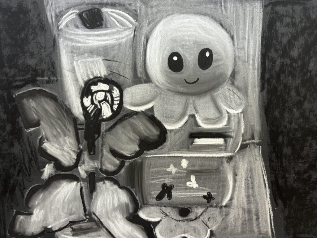 Grayscale of various objects difficult to make out, except for a cartoon-looking octopus.