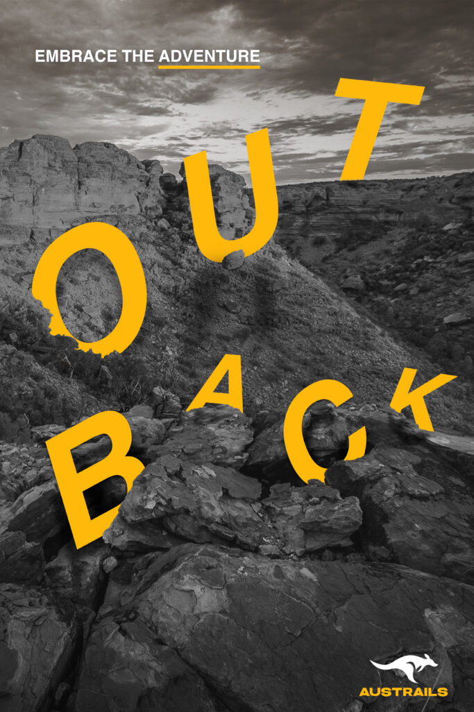 Poster for fictitious company "Austrails." The phrase "outback" has its yellow letters arranged in a grayscale mountainous landscape.