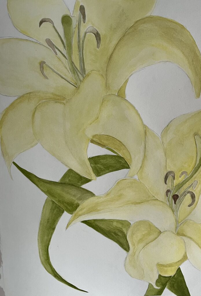 Watercolor painting of a yellow flower, close up.