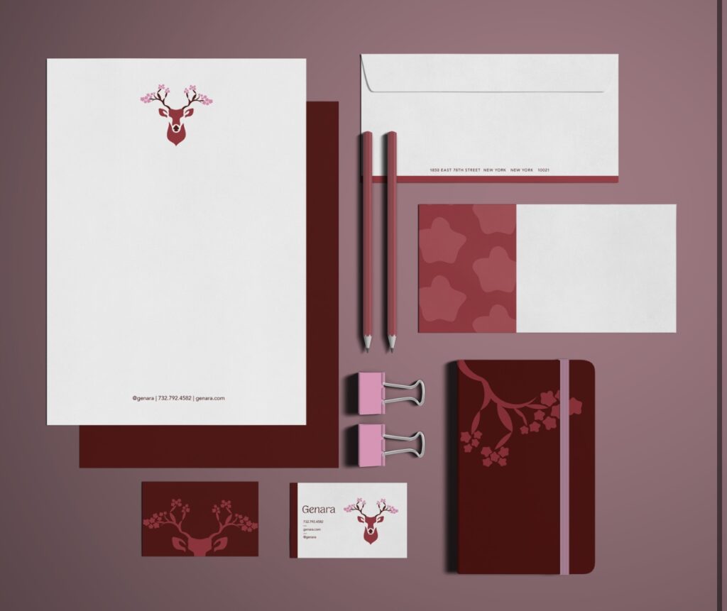 Mockup of stationary themed around fictitious brand titled "Genara."