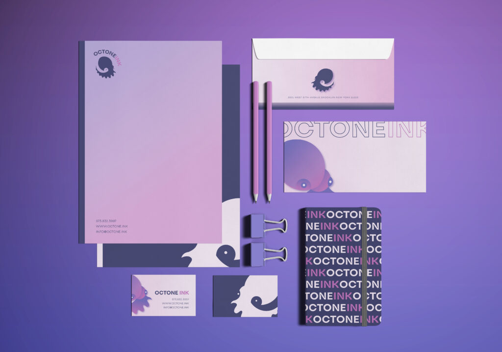Mockup of stationary themed around fictitious brand "Octone."