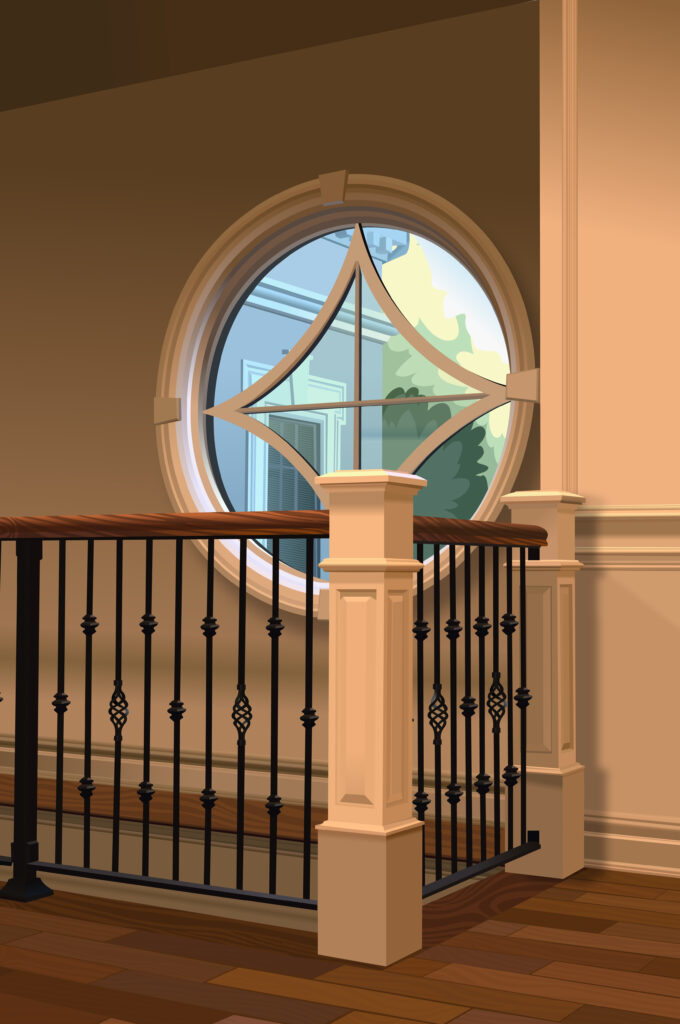 Digital illustration of a beige room. It features a banister and a round window.