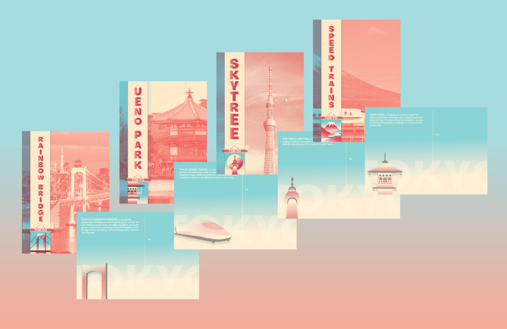 Mockup for four postcards themed around locations in Tokyo. Both the front and back of each postcard is shown.