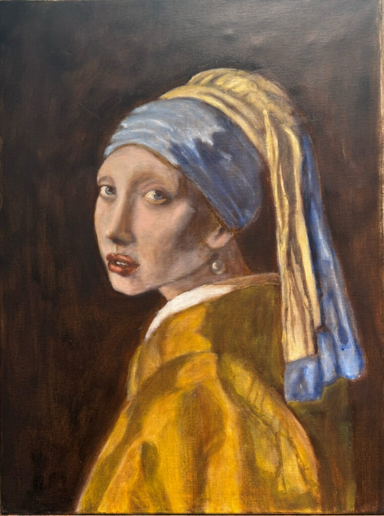 Oil painting of Vermeer's "Girl with a Pearl Earring." The girl wears yellow, has a blue headband, and poses in front of a dark brown background.