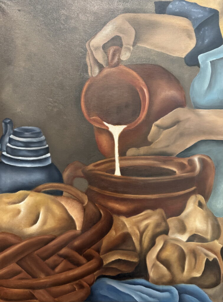 Oil painting of a person pouring liquid into a container.