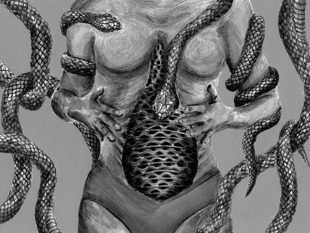 Ink and micron drawing of a human torso being wrapped up in snakes. Their stomach has a large, exposed hole in it.