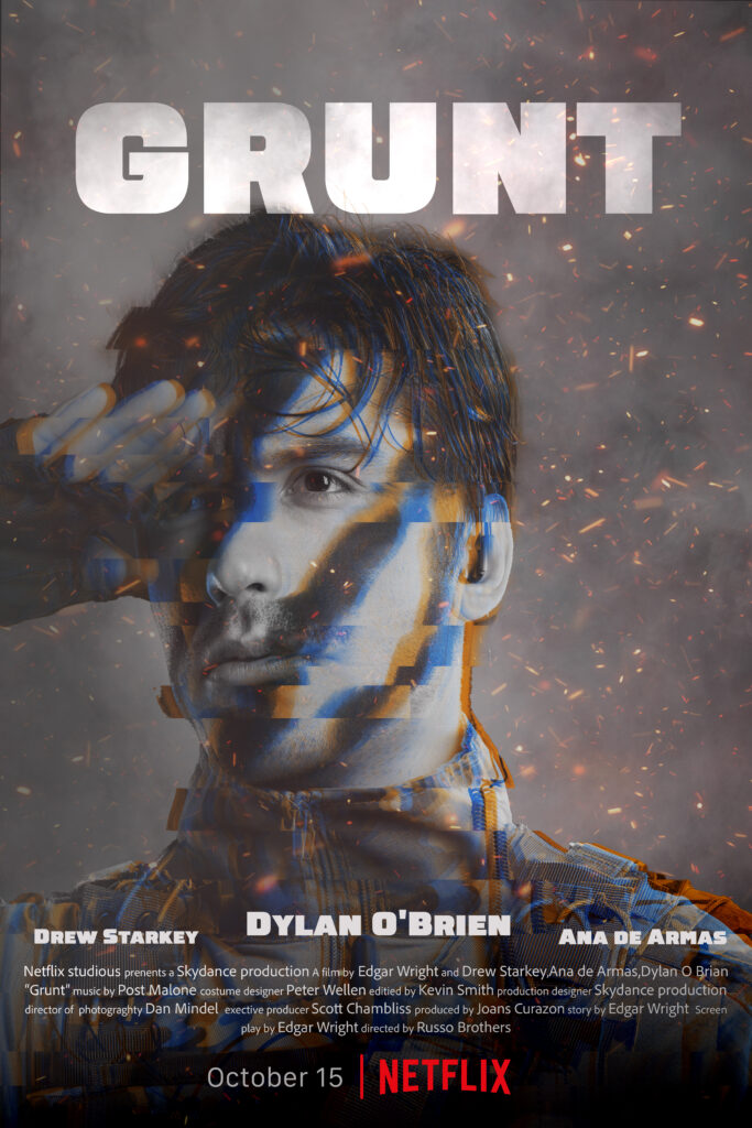 Movie poster titled "Grunt." A man doing a salute is "glitching" while fire sparks float around a gray background.