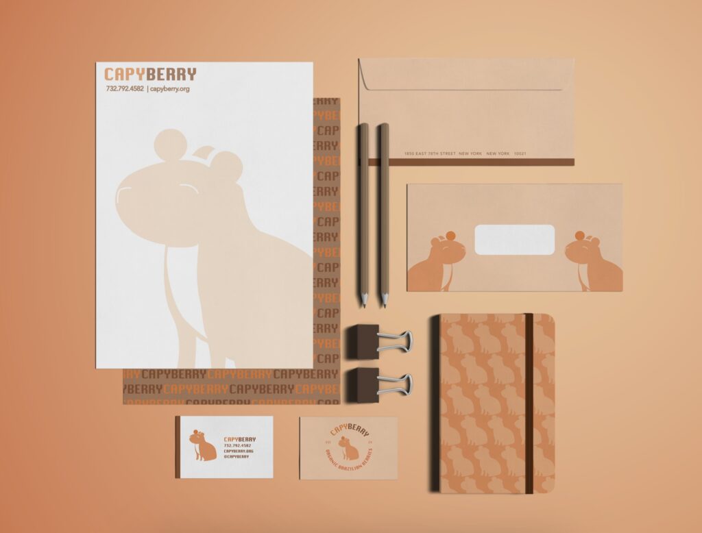 Mockup of stationary themed around fictitious brand titled "Capyberry."