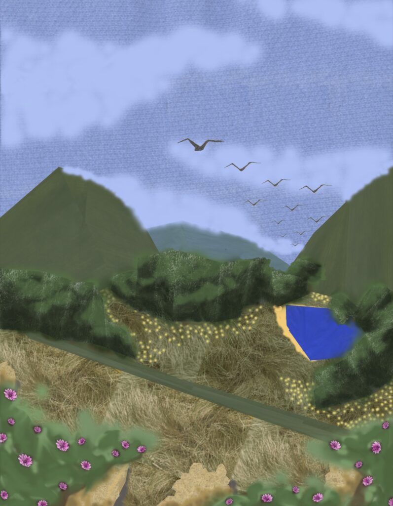 Digital collage of a green landscape and blue sky. Several birds fly over some hills.