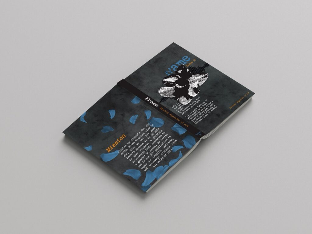 Mockup of fictitious magazine called "frame." The cover, spine, and back cover are shown.