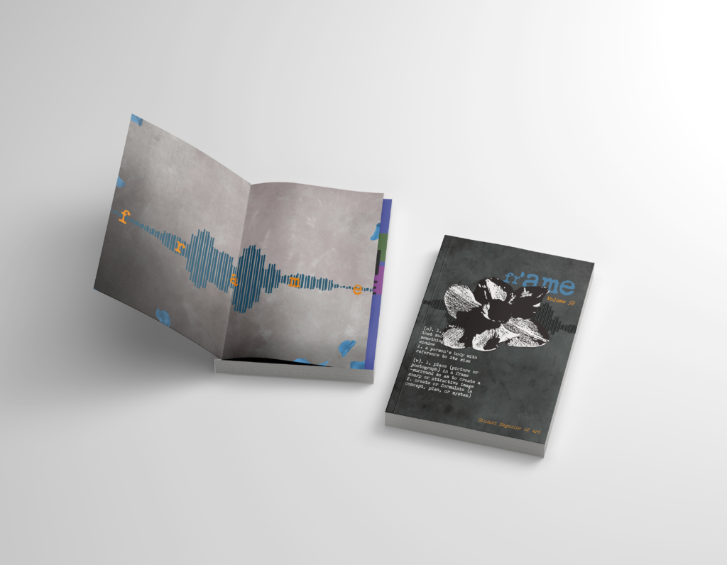 Mockup of fictitious magazine called "frame." The cover and a page spread are shown.