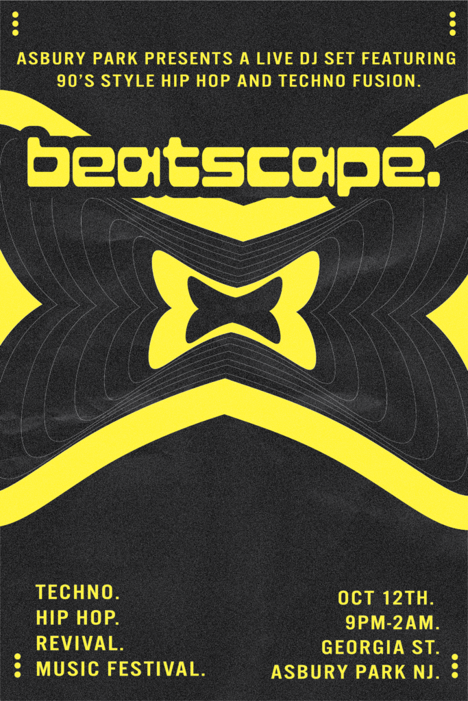 Digital illustration in yellow and black for a fictitious "DJ set" called "beatscape." The middle features an abstract design that looks like a vinyl record.