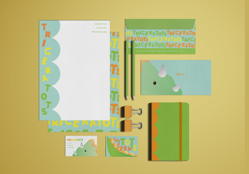 Mockup of stationary themed around fictitious brand titled "TriCeraTots."