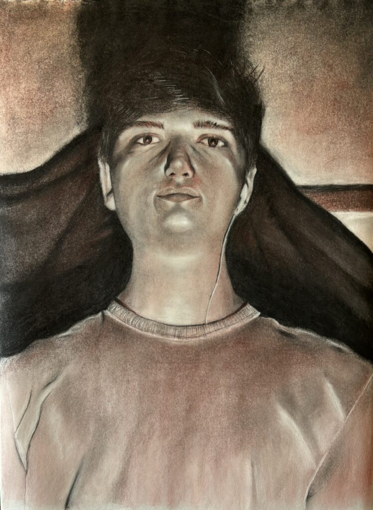Charcoal drawing of a young man with a single earbud in his left ear.