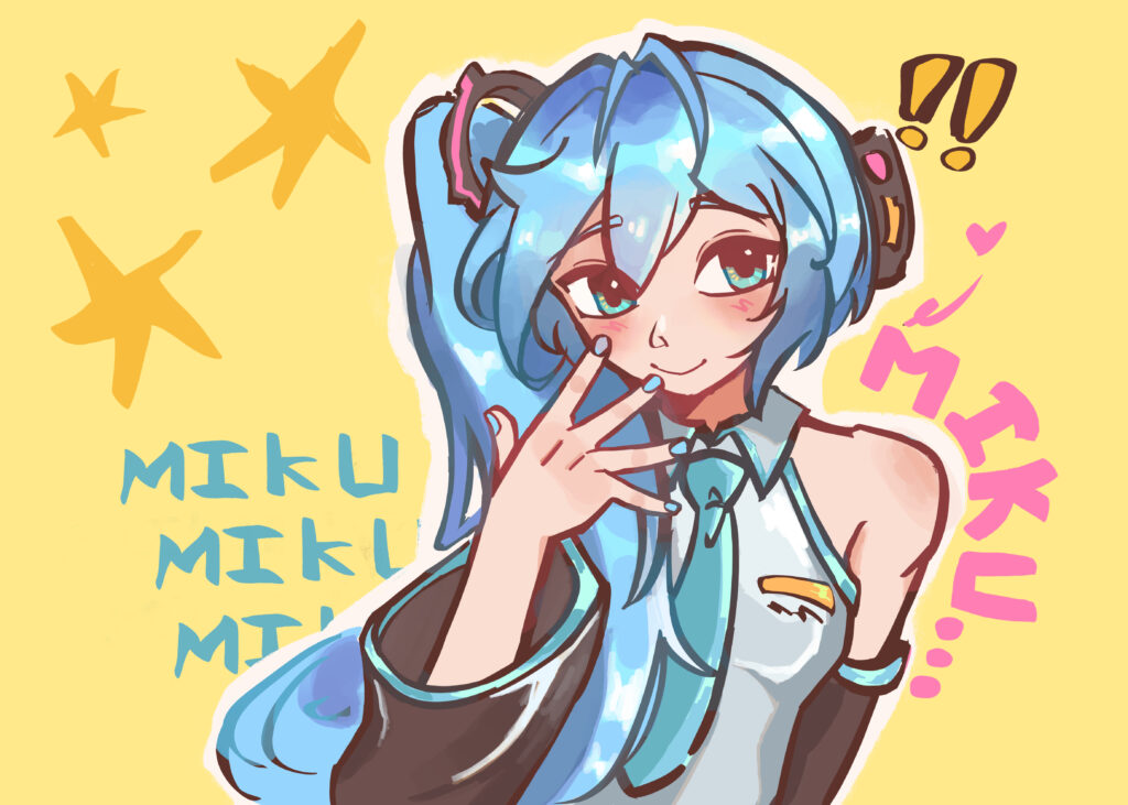Digital illustration of the blue-haired, female "Vocaloid" character "Hatsune Miku." The word "Miku" is curved around her shoulder, as well as repeated three times behind her. Two exclaimation points are next to her head on the right, and three stars are to the viewer's left in the background.