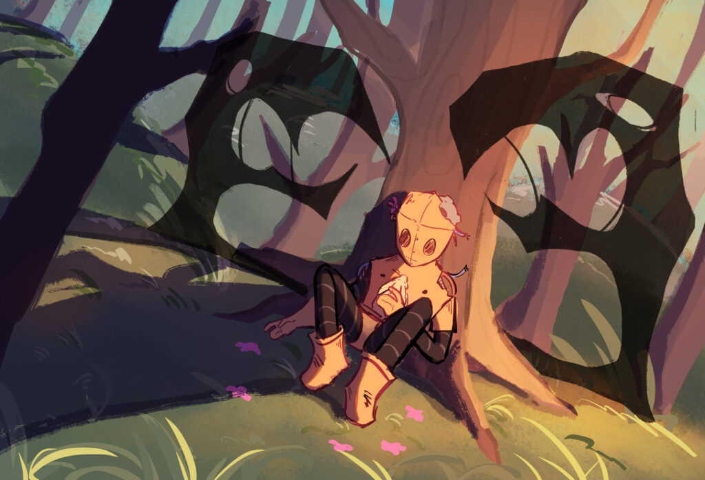 Digital illustration of a humanoid figure laying down against a tree in a forest. Two shadow-looking monsters approach the figure.