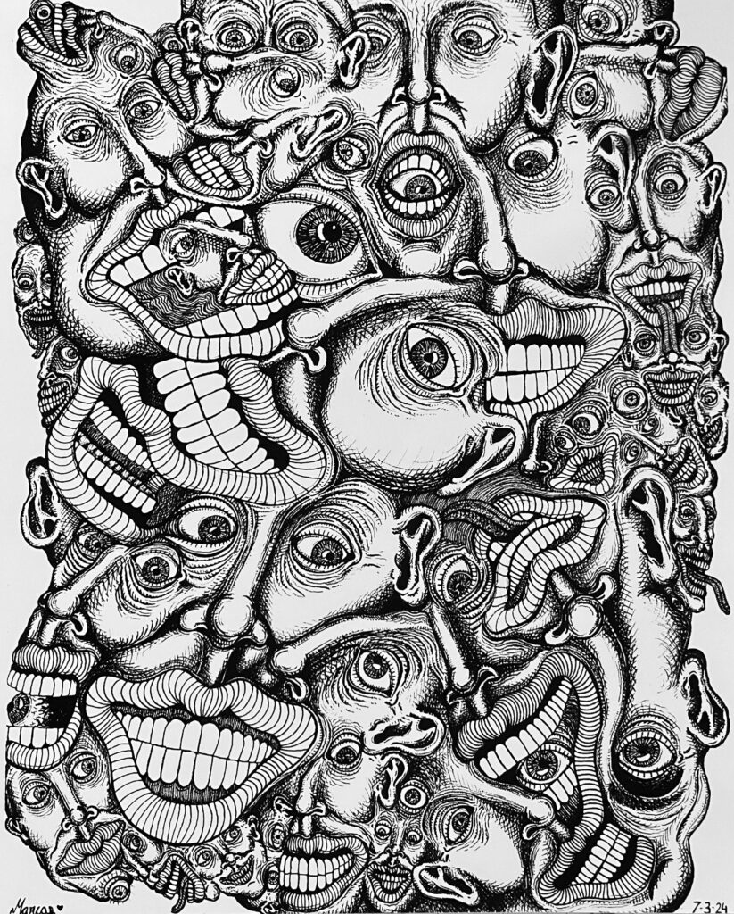 Black and white pen drawing of many grotesque faces mushed together, with some of their features in the wrong places or fused with other faces.