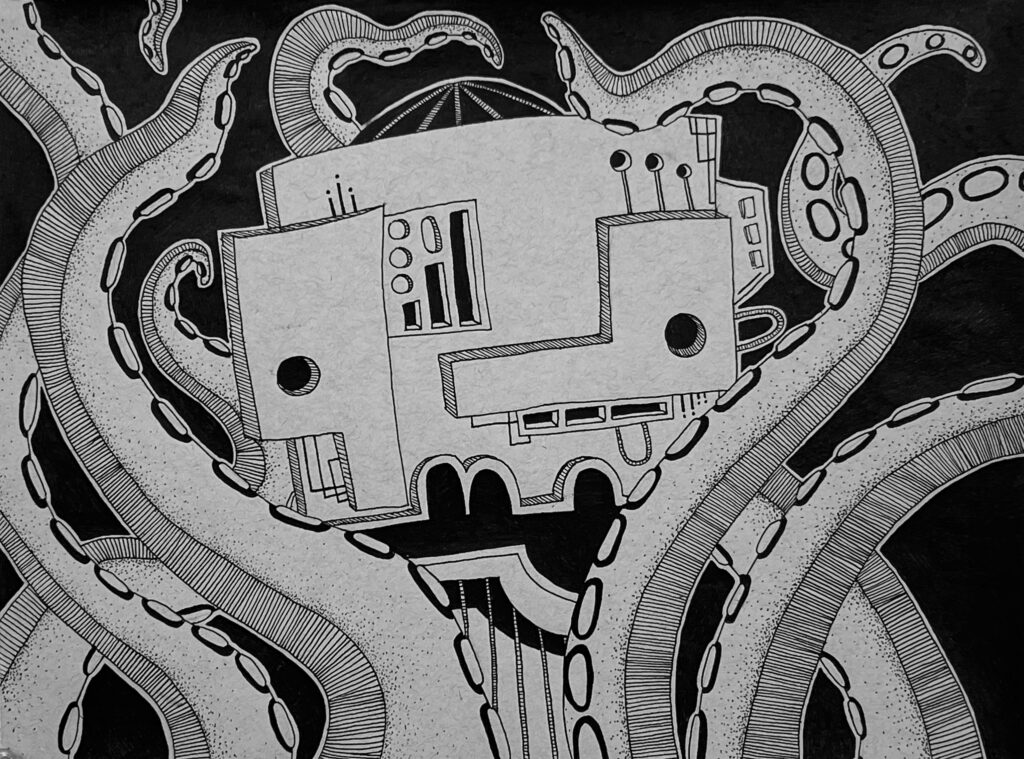 Grayscale robotic creature with tentacles waving all over.