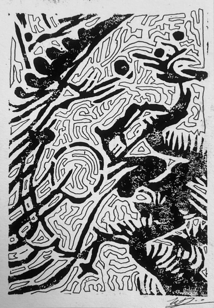 Linocut print of filled in black shapes and outlined white shapes. 