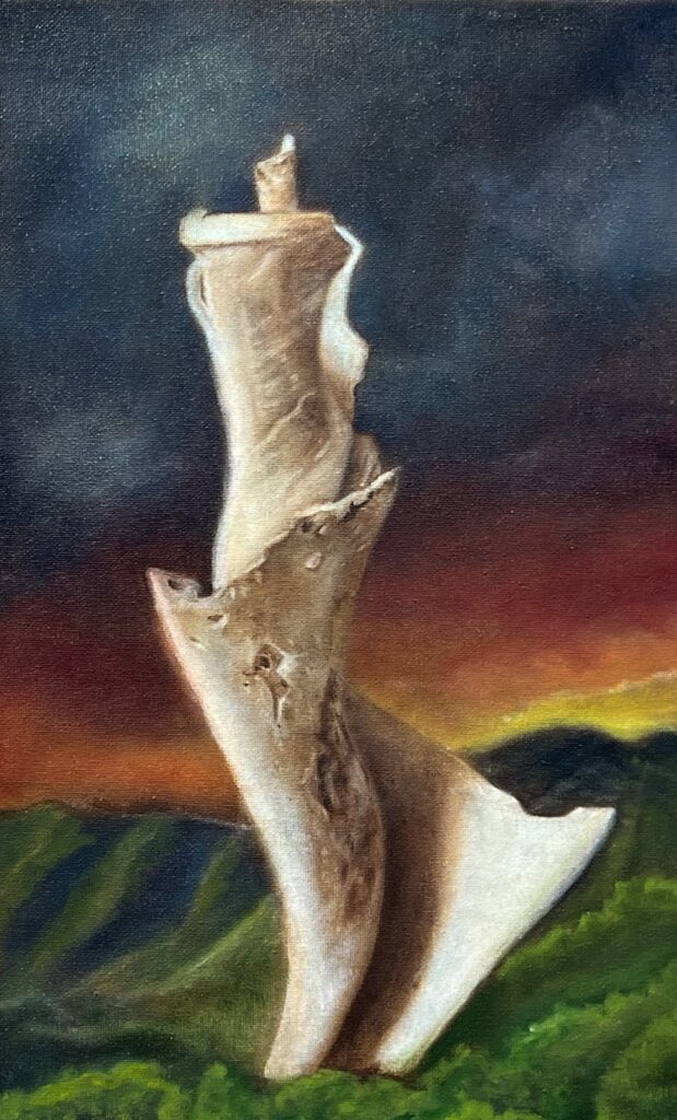 Oil painting of a spiral shell standing upright in a green-colored sea.