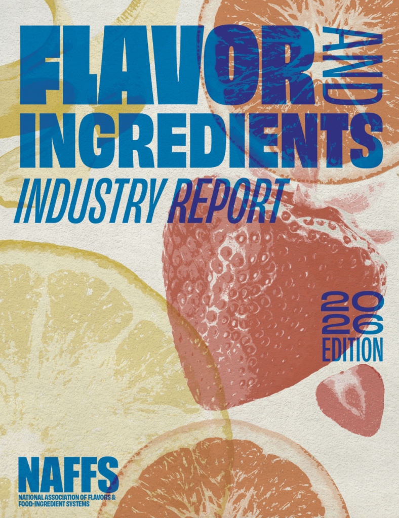Photoshop design for the NAFFS "Flavor and Ingredients Industry Report, 2026 Edition" Features several pictures of fruit, each one color.