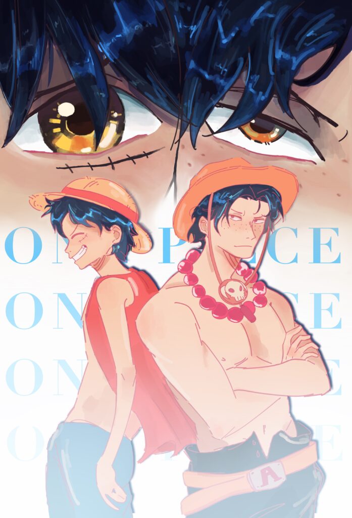 Digital illustration of two men with hats, with the background being a close-up of both of their eyes. Text reads "ONE PIECE," repeated 4 times behind the two men.