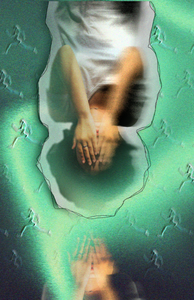 Photoshop design, person laying down holding their hands in front of their face.