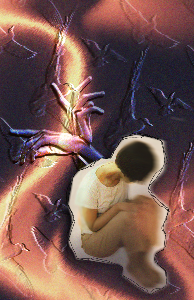 Photoshop design, person sitting down, slightly curled up. A pair of hands is coming out of their back.