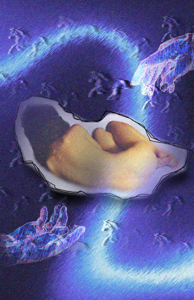 Photoshop design, a nude person is curled up. Two hands approach them, one from the bottom left and the other from the top right.