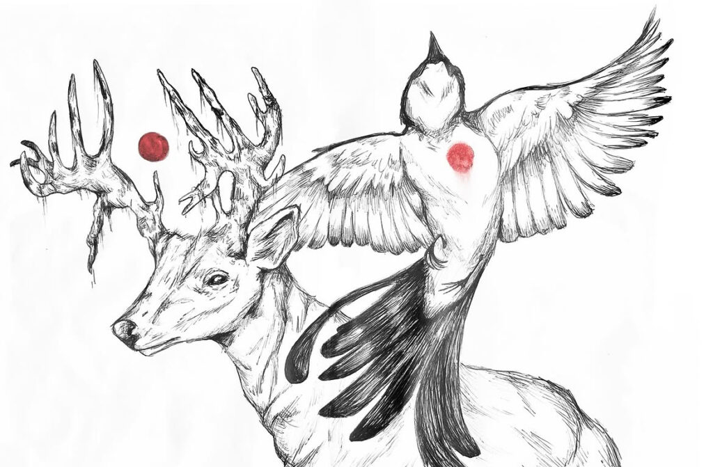 Ink drawing of a deer with antlers and a bird flying up. There are two red watercolor dots, one above the deer's head and the other on the bird's chest.