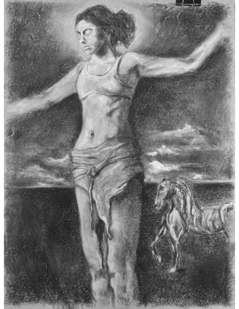 Charcoal drawing of a woman standing with her arms stretched out, with a horse standing behind.