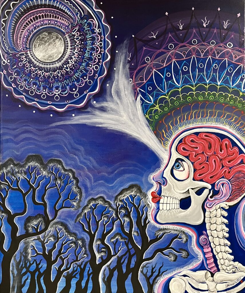 Acrylic painting of what is best described as a cross-section depiction of a human looking up at an ornately-decorated moon. 