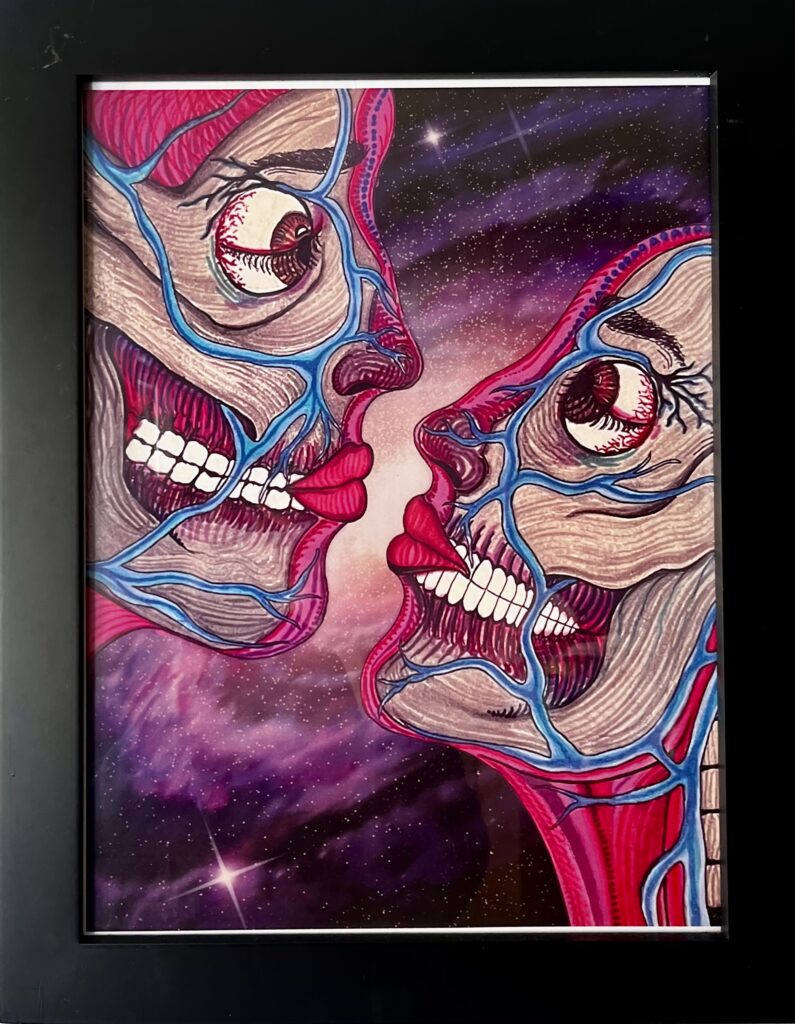Ink drawings of two people about to kiss. Both have no skin and have their muscle tissue and other parts exposed. The background appears to be a digital photo of a purple galaxy.