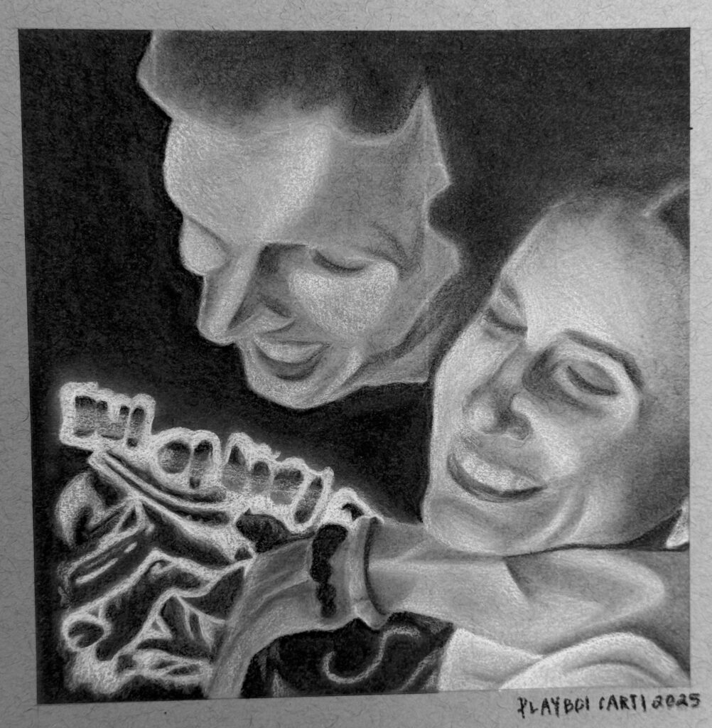 Charcoal drawing of two people, close up to their faces.
