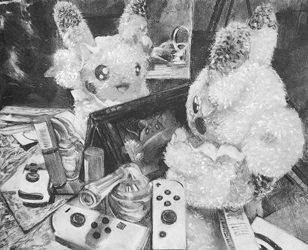 Charcoal drawing of several objects reflected in a mirror. Objects include a Pikachu plush, a perfume bottle, and two Nintendo Switch Joycon controllers.