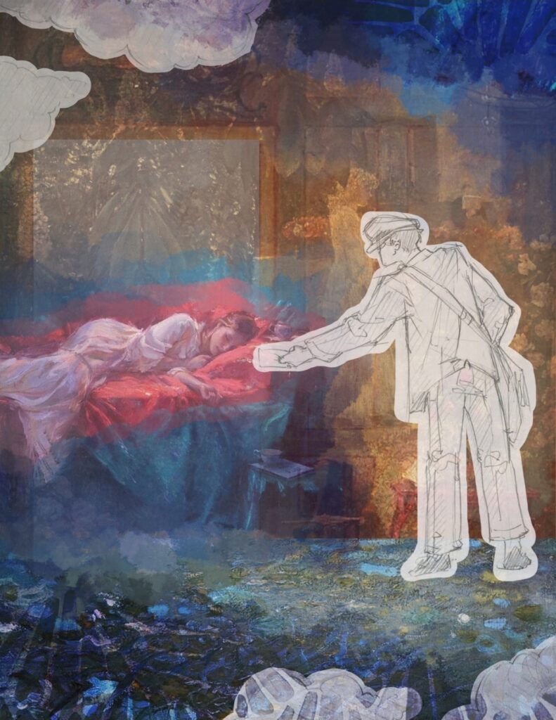Collage of a mailman reaching out with a letter towards a sleeping woman. Several elements are cut-out drawings, including the mailman and some clouds, while the rest is colored imagery.