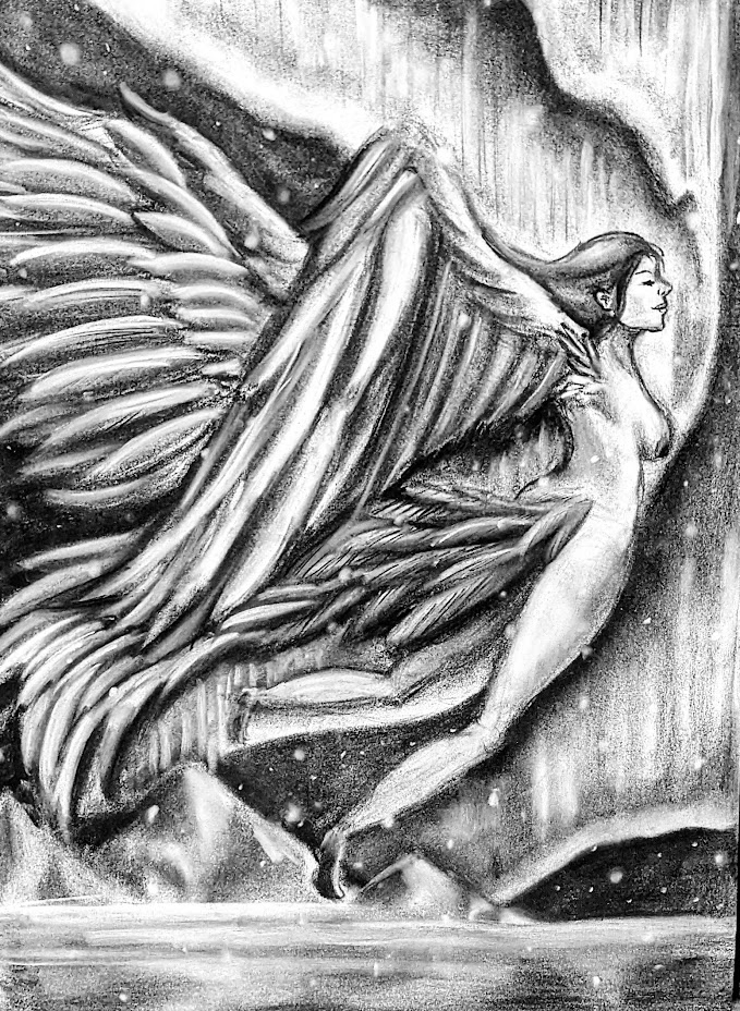 Charcoal drawing of human with giant, angelic wings and tail, flying.