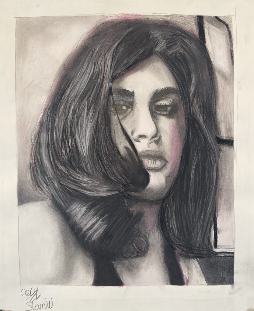 Charcoal drawing of a girl with dark hair.