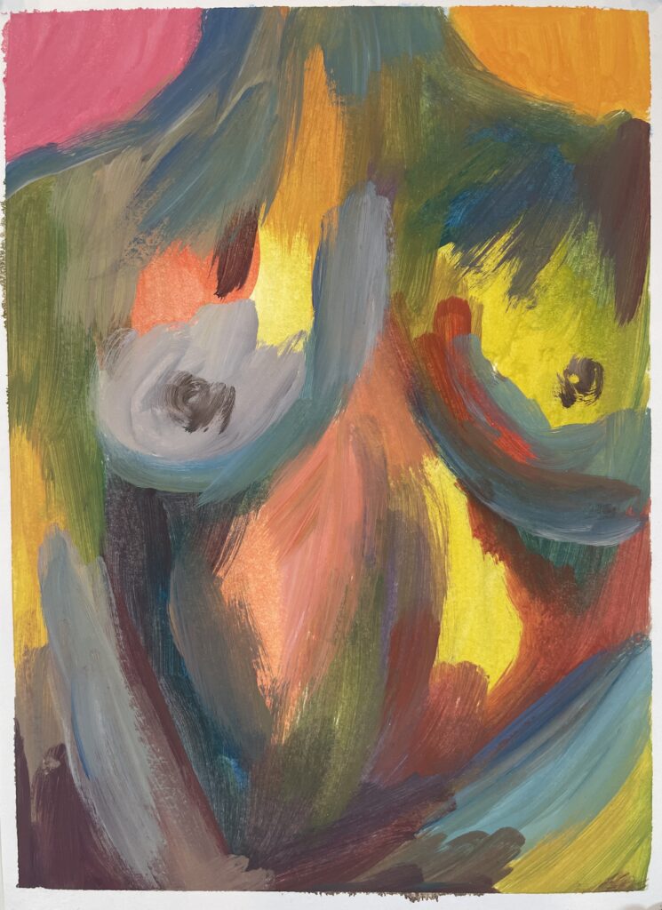 Oil painting, colorful close-up of a nude woman's upper body.