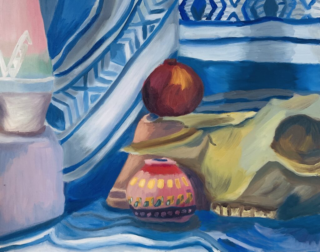 Oil painting still-life, features a red fruit or vegetable, a colorful pot, and a animal skull.