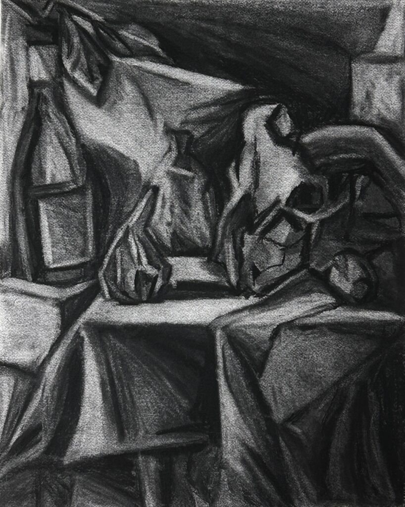 Charcoal drawing of a still-life. Items include a bottom and an animal skull.
