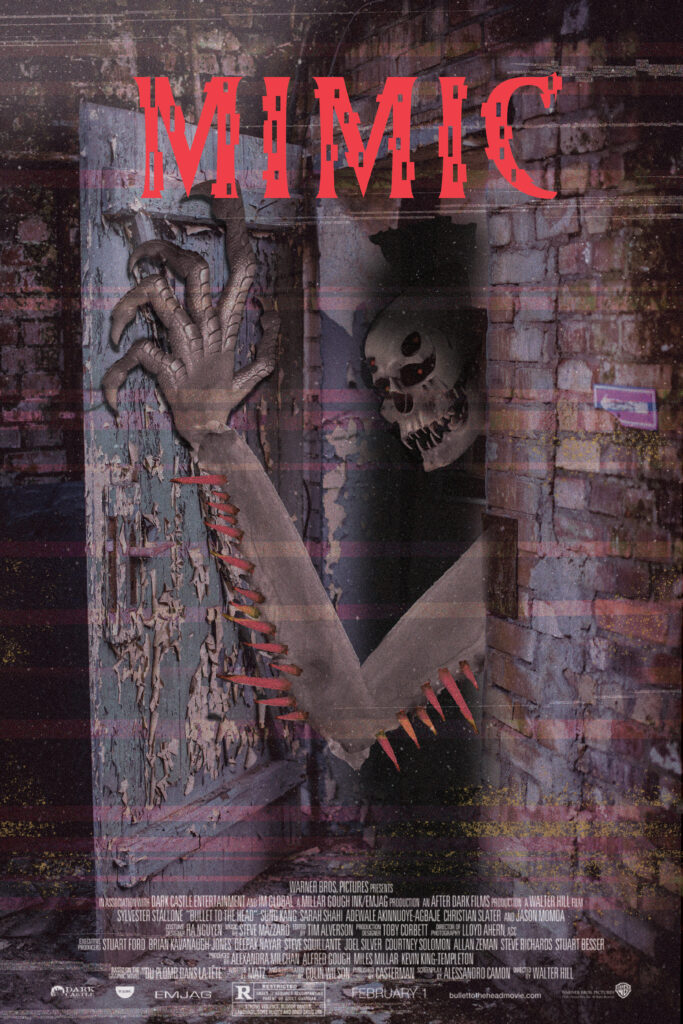 Movie poster titled "MIMIC." A scary-looking creature appears out from a doorway, with one giant, long arm with a claw.