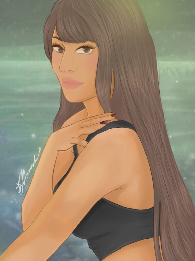 Digital illustration of a woman with brown hair, smiling, with a green background.