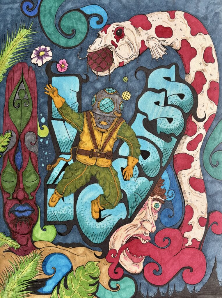 Illustration, a person in a diving suit waves. Behind them is a giant serpentine creature with red spots, with some kind of ball in its mouth. Behind the diver, the text reads "EVAN GROISS."