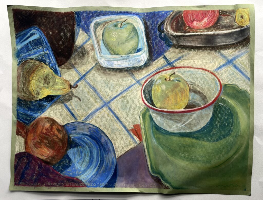 Oil pastel drawing of several fruits in different containers .
