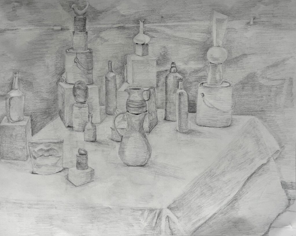 Drawing with graphite, still-life featuring blocks, bottles, and other objects.